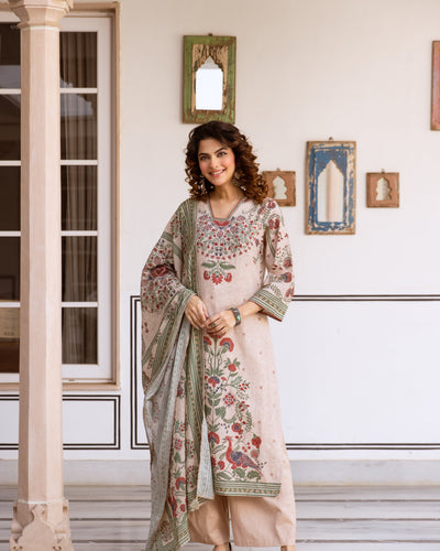 Nehamta Women's Beige Cotton Blend Kurta with Palazzo & Dupatta