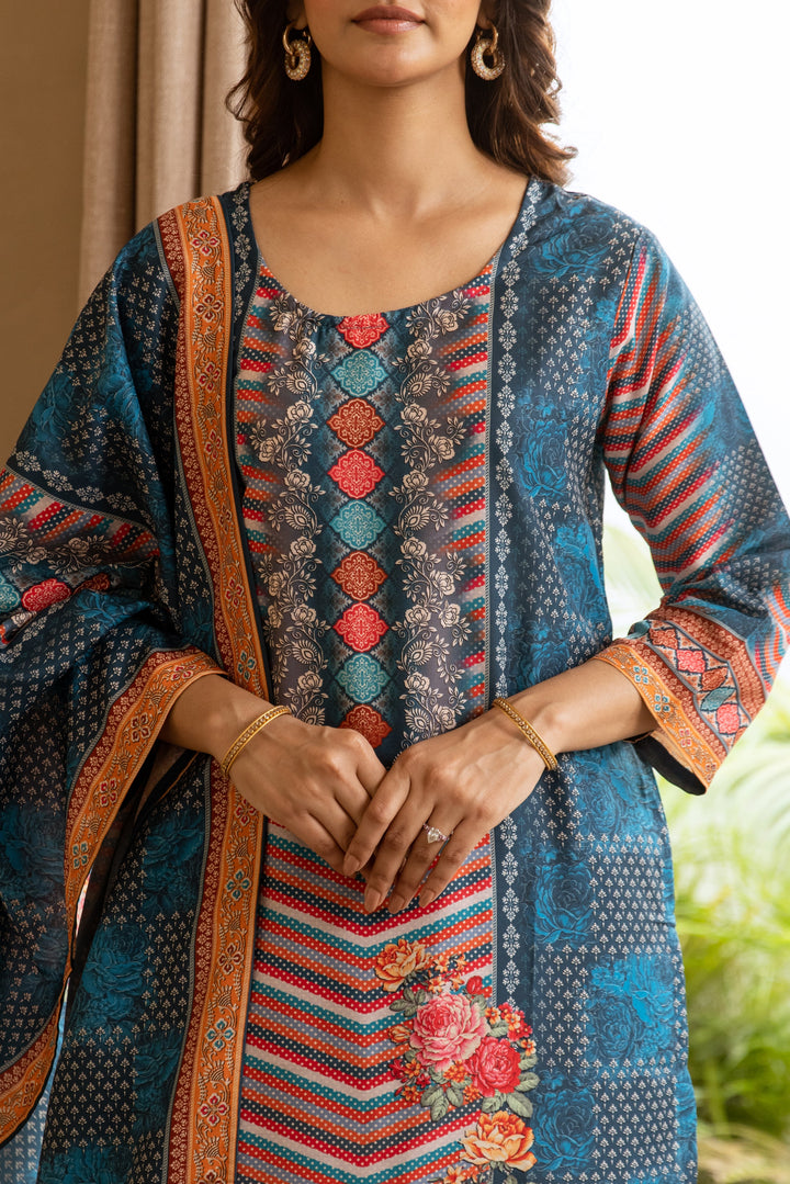 Nehamta Women's Teal Blue Viscose Muslin Kurta, Palazzo & Dupatta Set