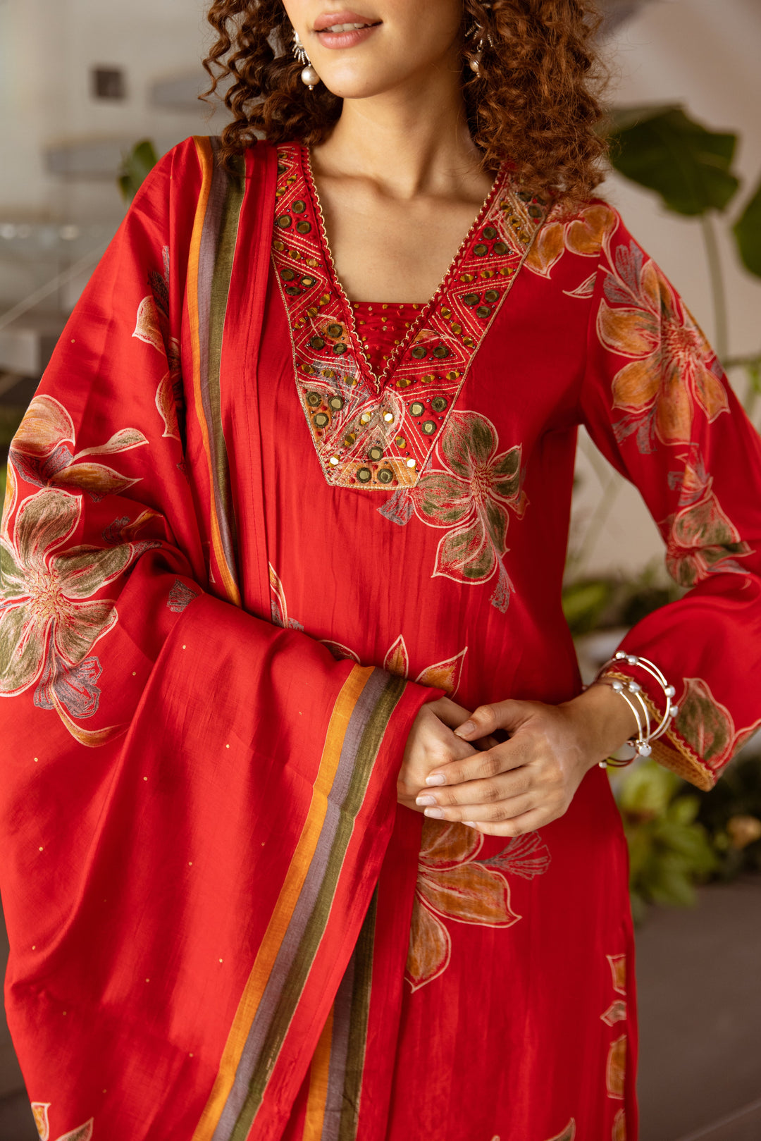 Nehamta Women's Red Modal Muslin Kurta with Palazzo & Dupatta