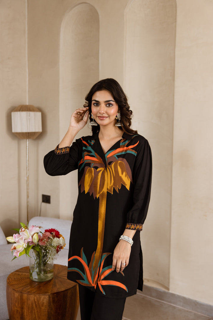 Nehamta Women's Black German Rayon Tunic & 1 Pant Co-Ords Set