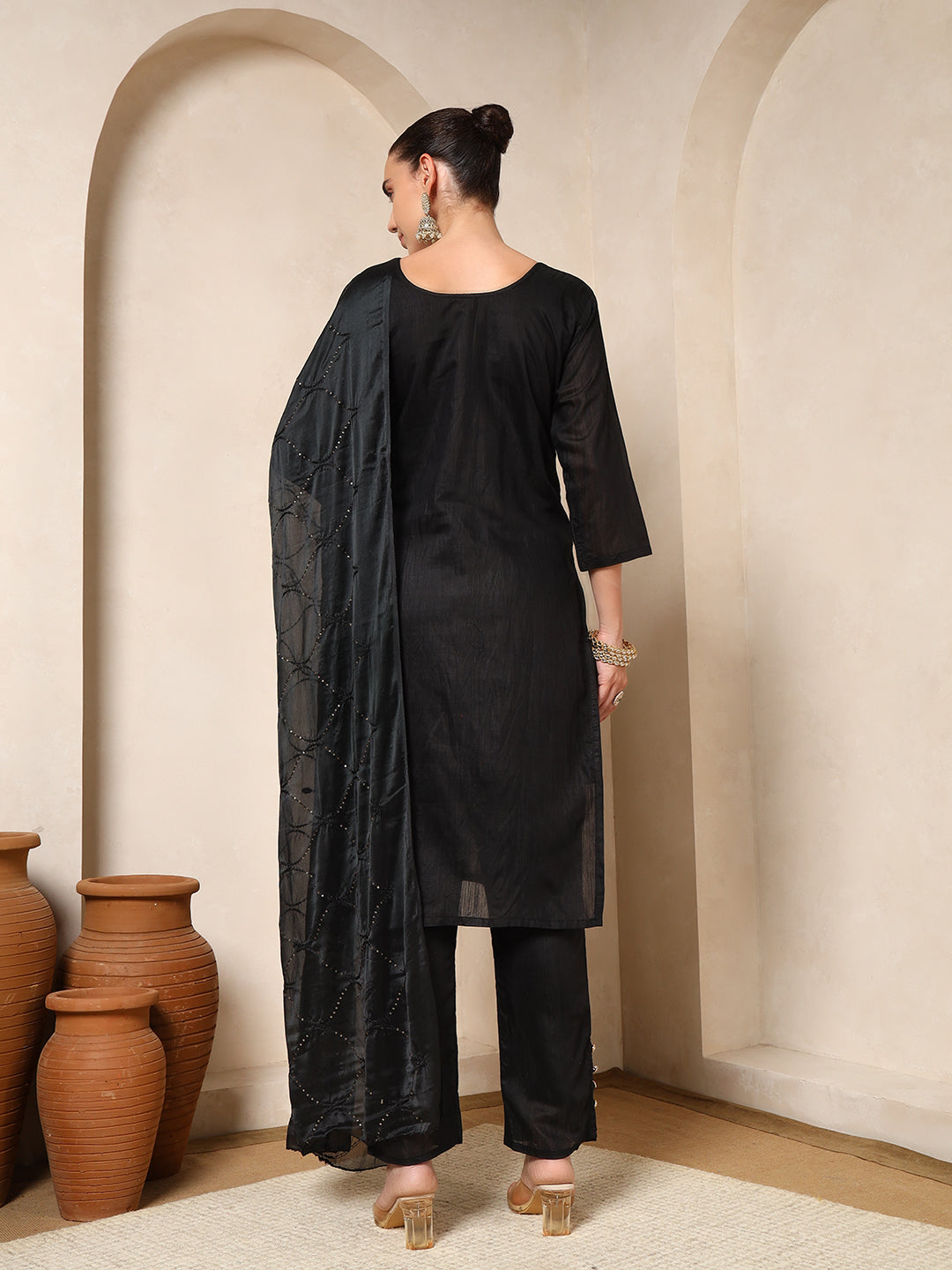 Nehamta Women's Black Muslin Kurta, Pant & Dupatta Set