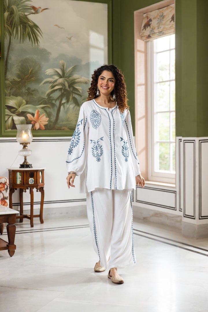 Nehamta Women's White Rayon Tunic with Palazzo Set