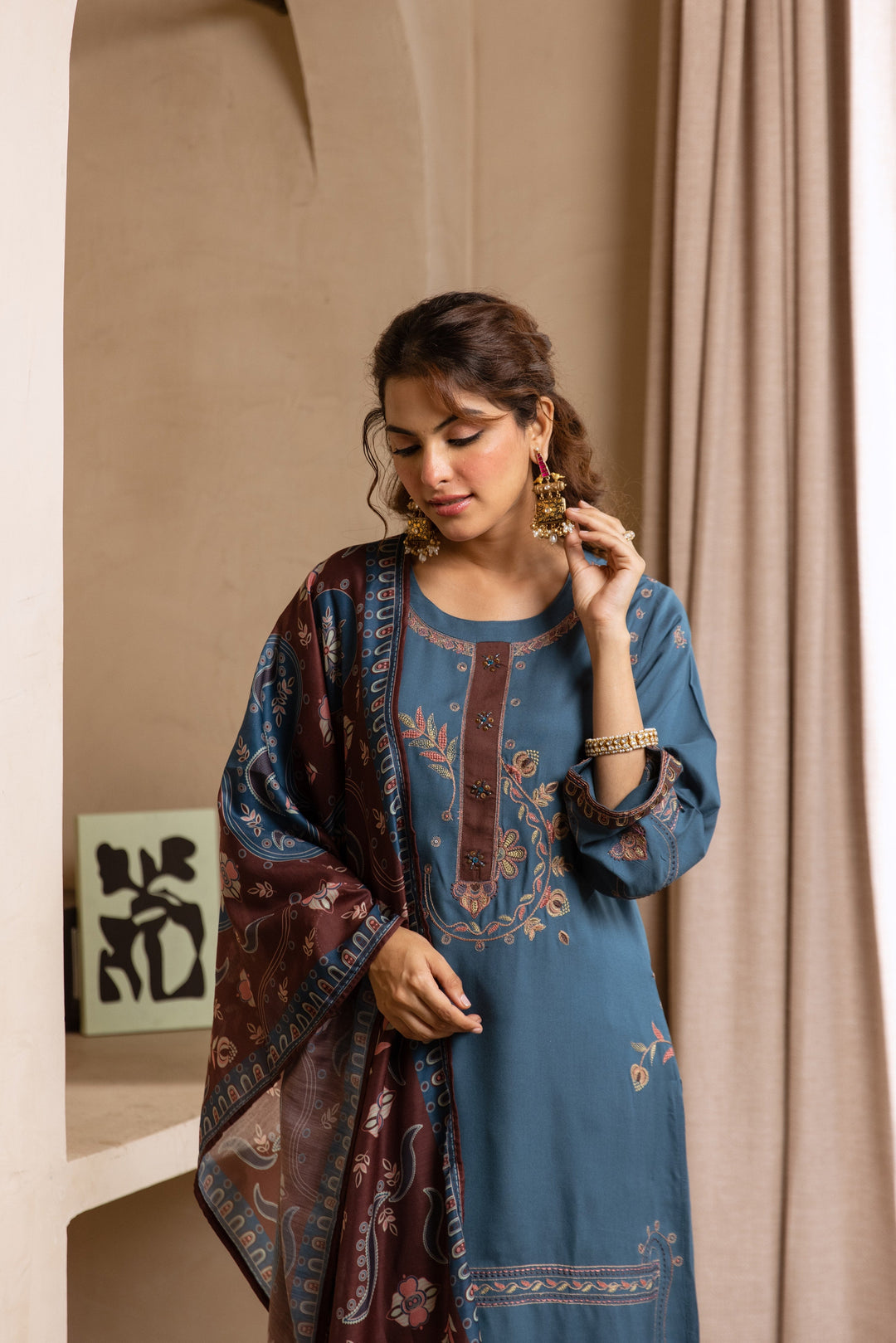 Nehamta Women's Grey German Rayon Kurta, Palazzo & Dupatta Set