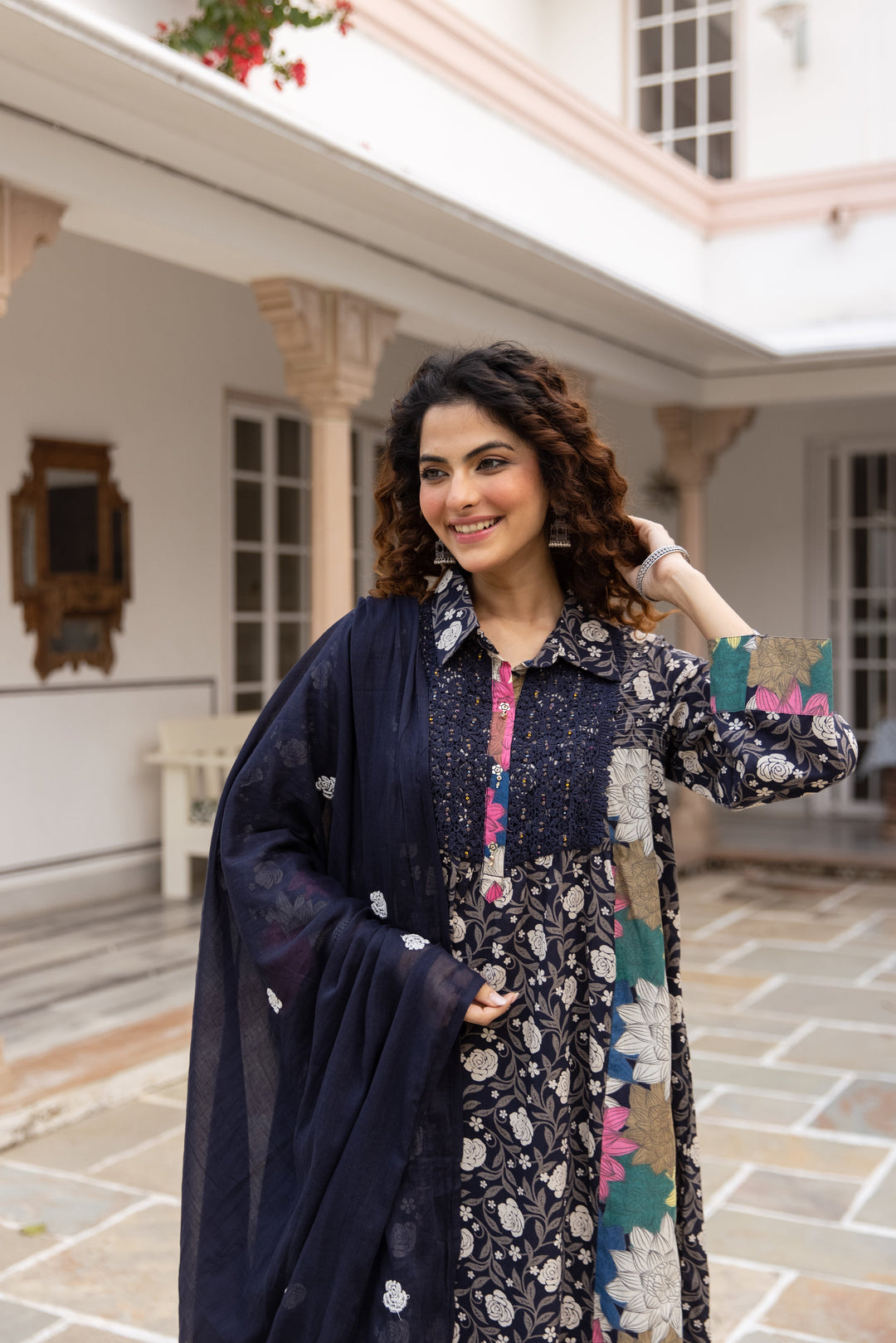 Nehamta Women's Navy Blue Cotton Kurta with Pant & Dupatta