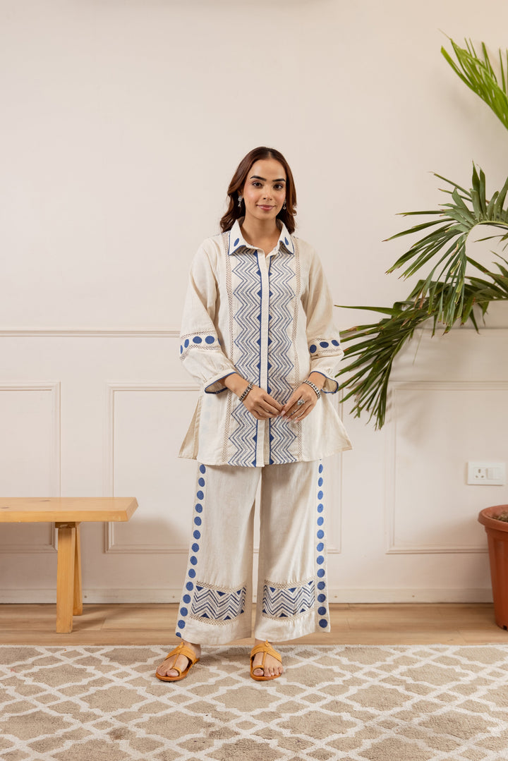 Nehamta Women's White Pure Cotton Tunic with Palazzo Co-Ords Set