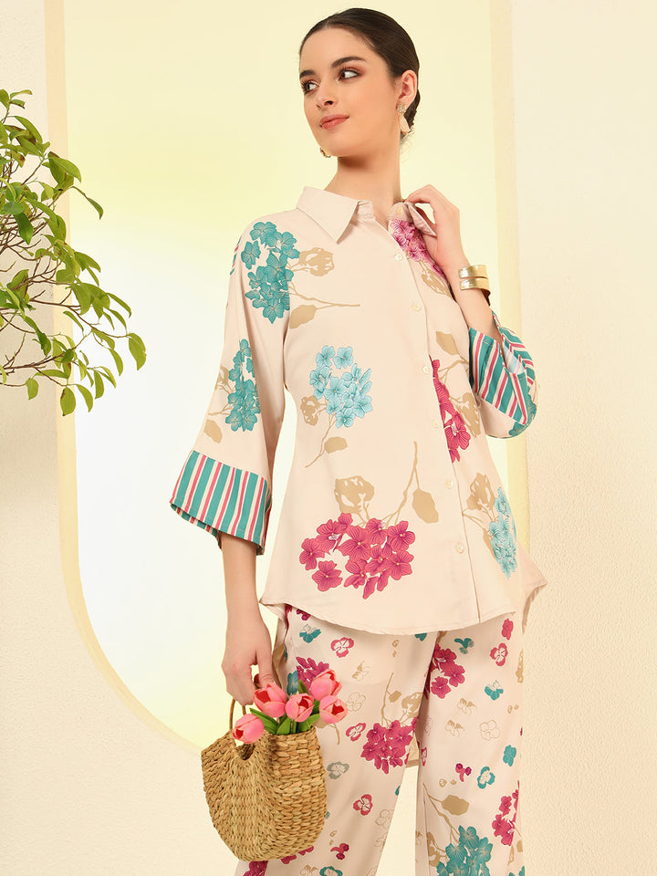 Nehamta Women's Cream Polyester Co-Ord Set