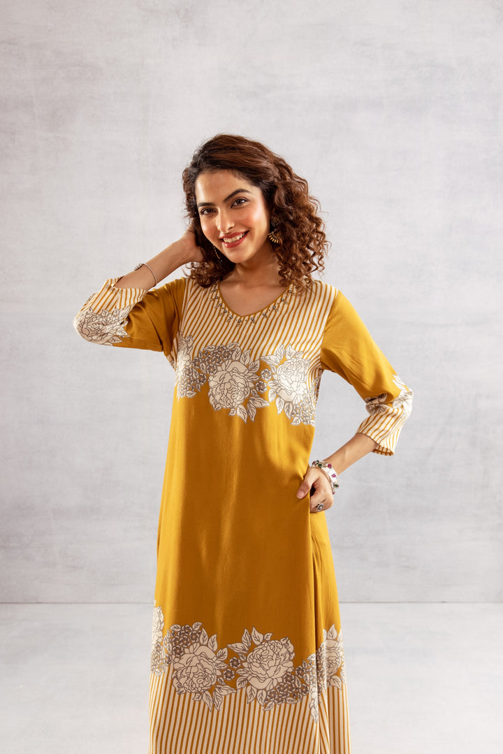 Nehamta Women's Mustard German Rayon Kurta & Palazzo Set