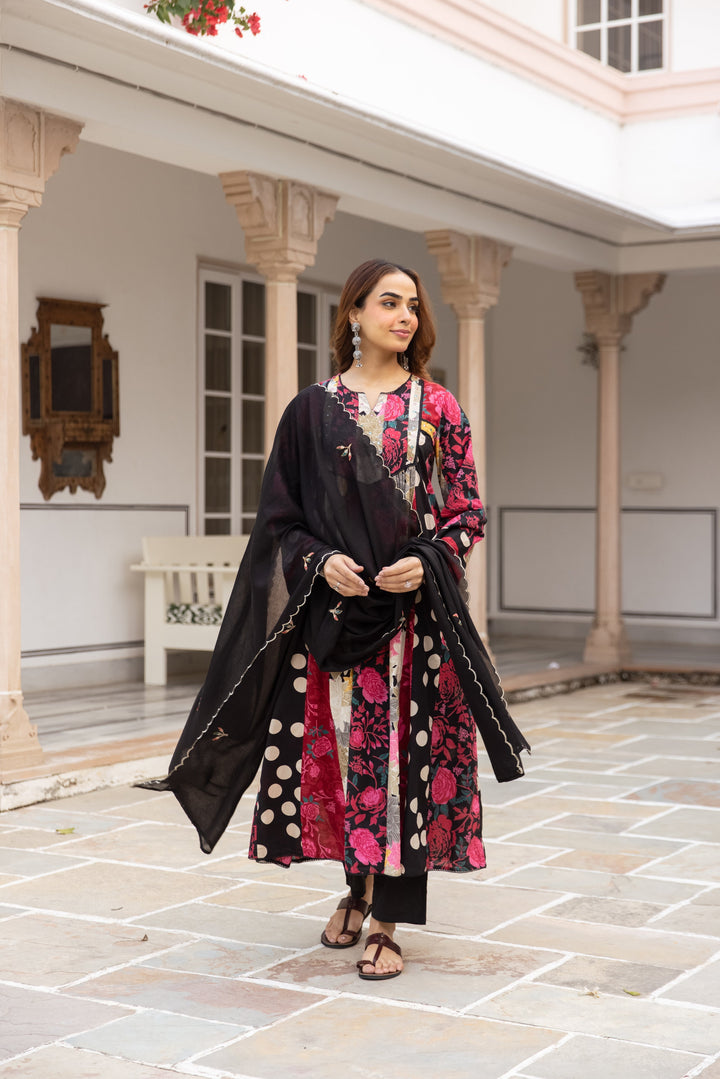 Nehamta Women's Black Cotton Kurta with Pant & Dupatta