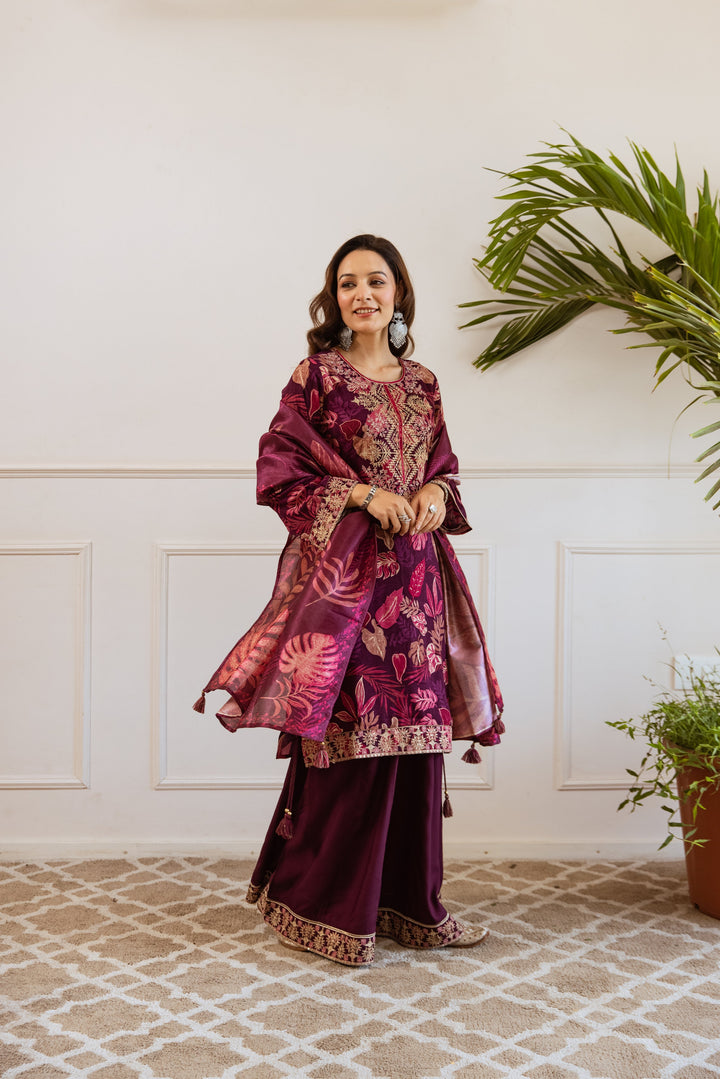 Nehamta Women's Wine German Rayon Kurta, Divider Palazzo & Dupatta Set