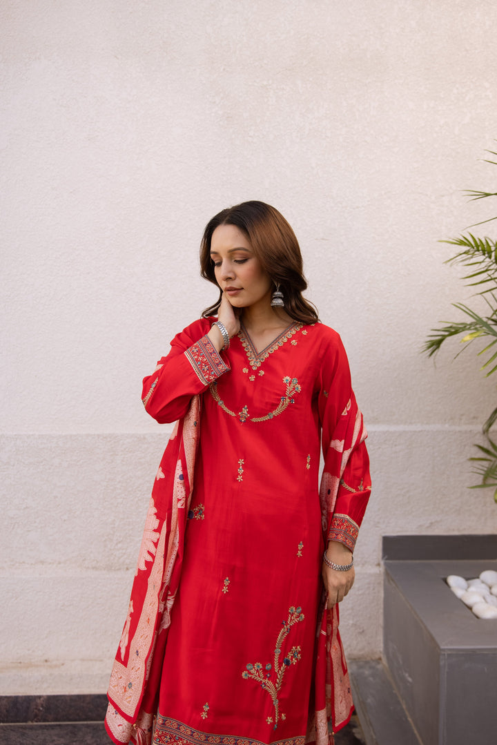 Nehamta Women's Red Modal Muslin Kurta, Palazzo & Dupatta Set