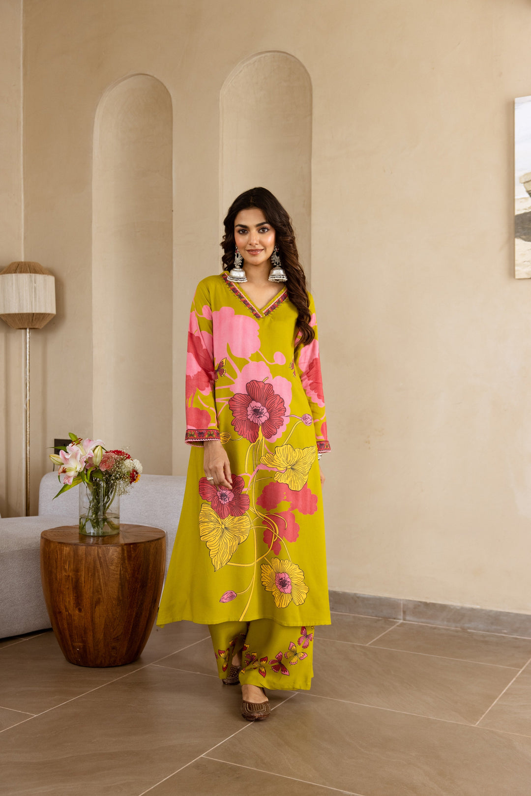 Nehamta Women's Lime Green German Rayon Kurta & Palazzo Set