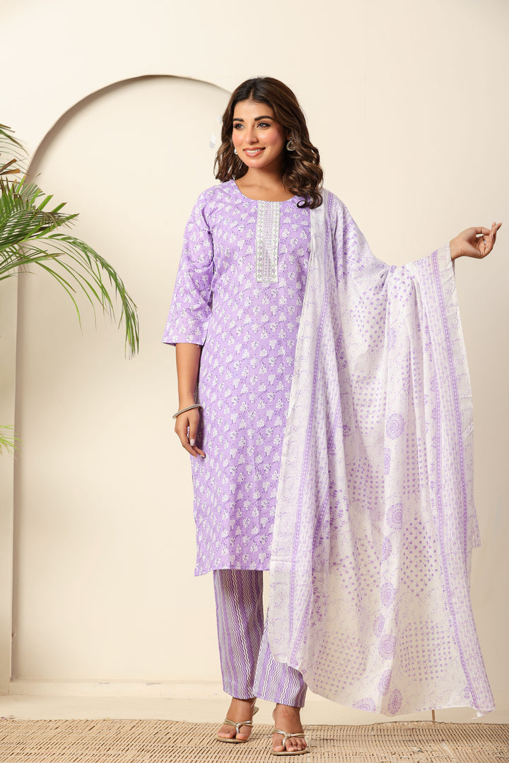 Nehamta Women's Lavender Cotton rayon Kurta, Pant & Dupatta Set