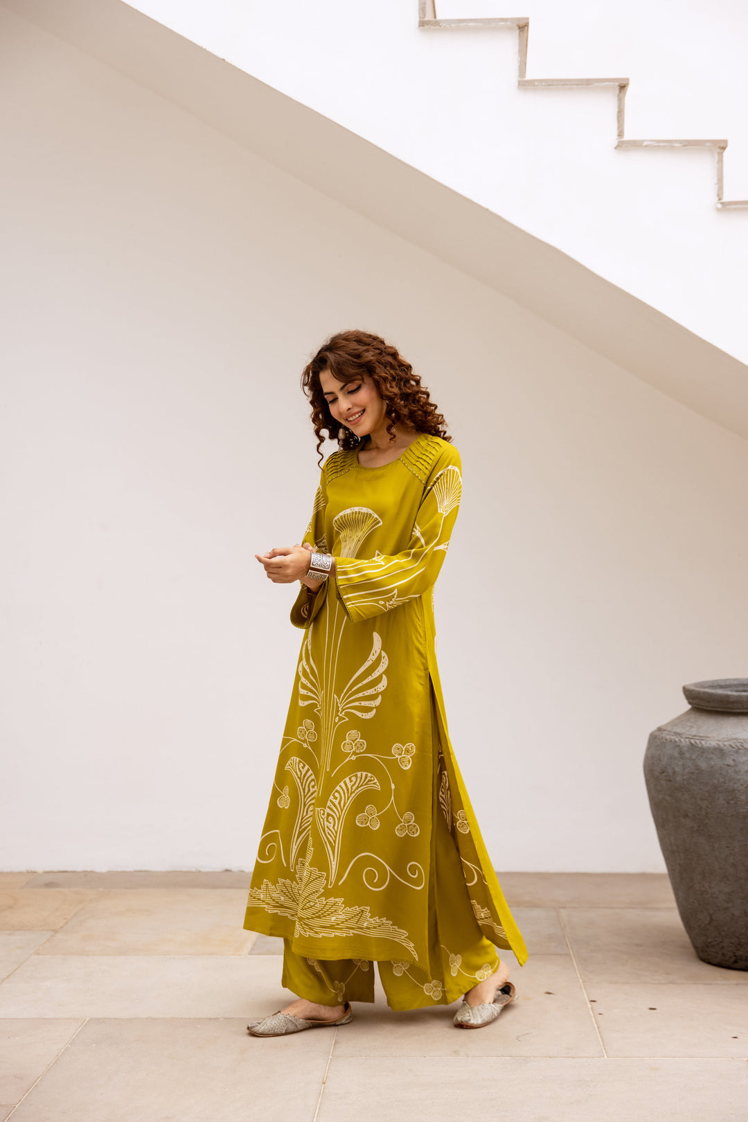 Nehamta Women's Lime Green German Rayon Kurta & Palazzo Set