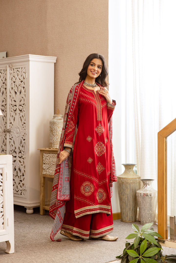 Nehamta Women's Red Rayon Kurta with Palazzo & Dupatta