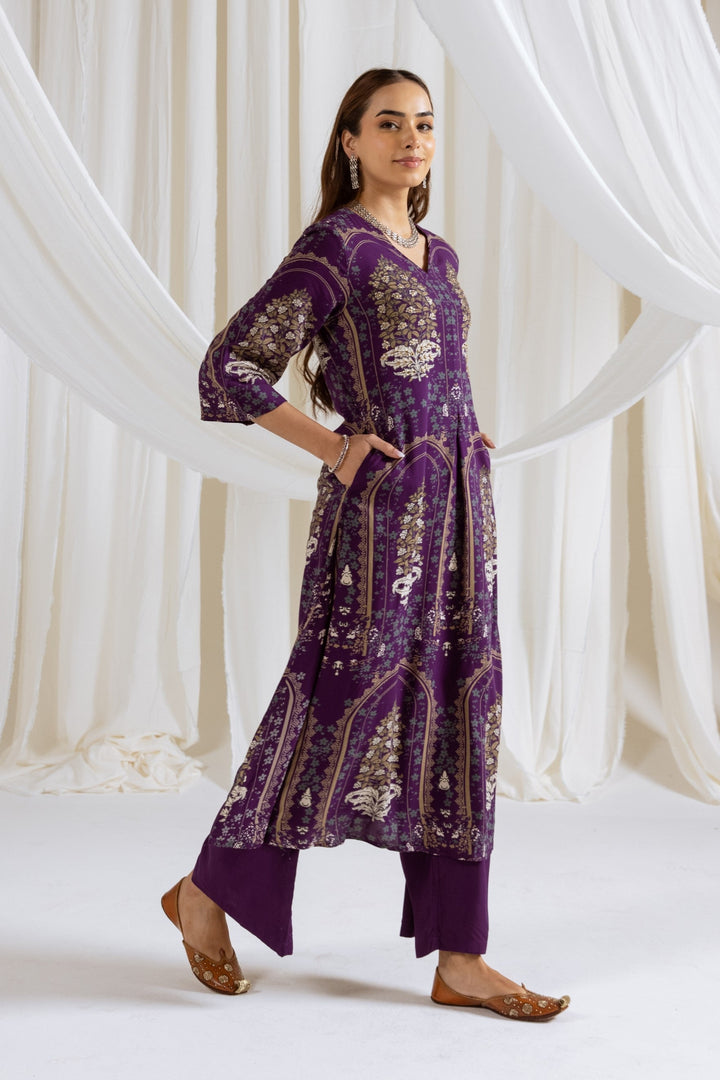 Nehamta Women's Purple German Rayon Kurta & Palazzo Set