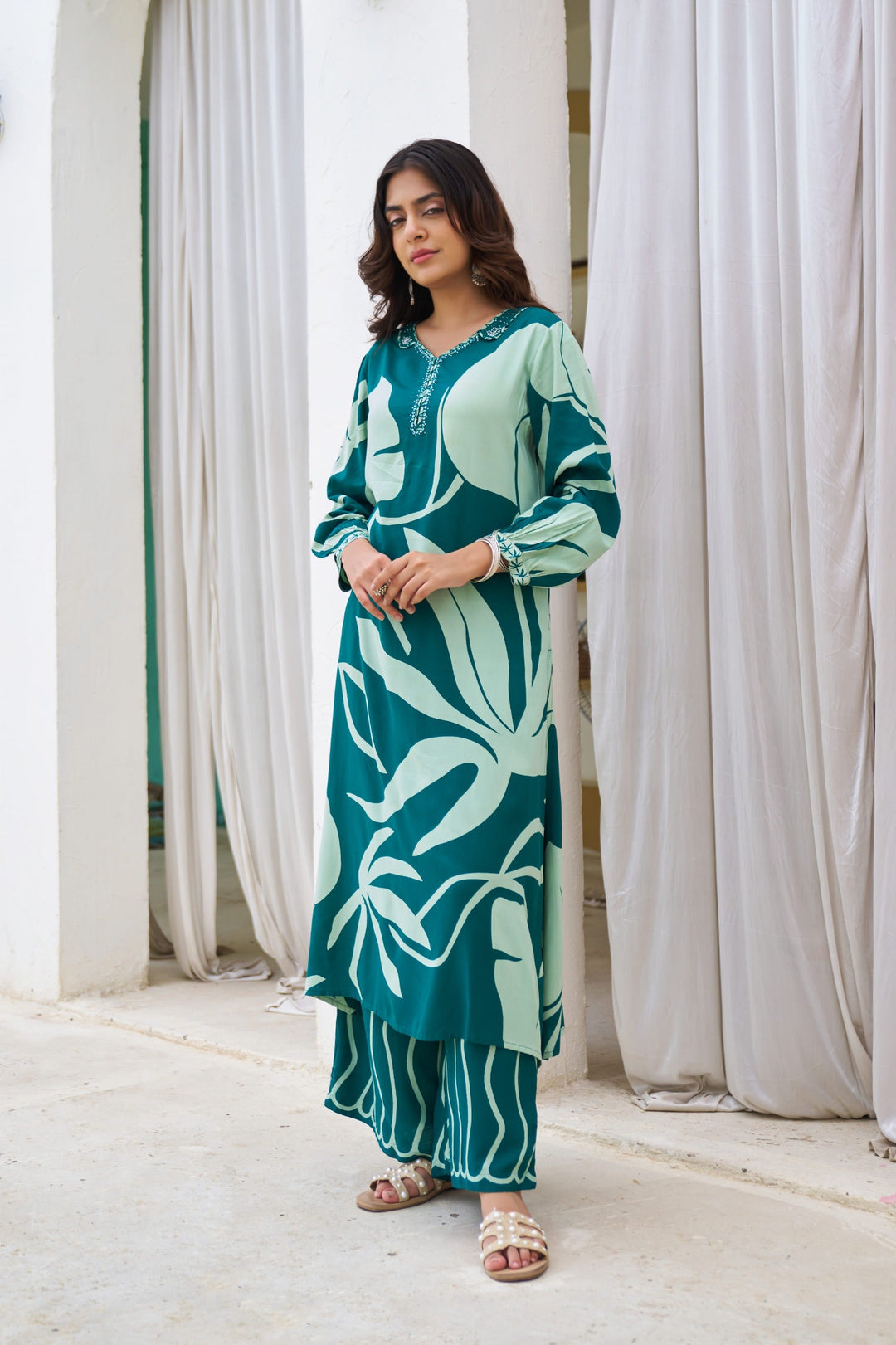 Nehamta Women's Teal Blue German Rayon Kurta & Palazzo Set