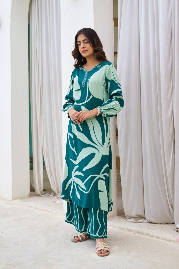 Nehamta Women's Teal Blue German Rayon Kurta & Palazzo Set
