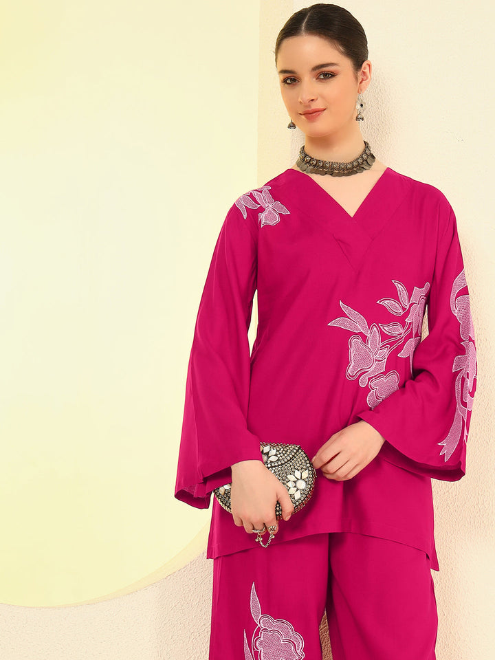 Nehamta Women's Rani Pink Rayon Co-Ord Set