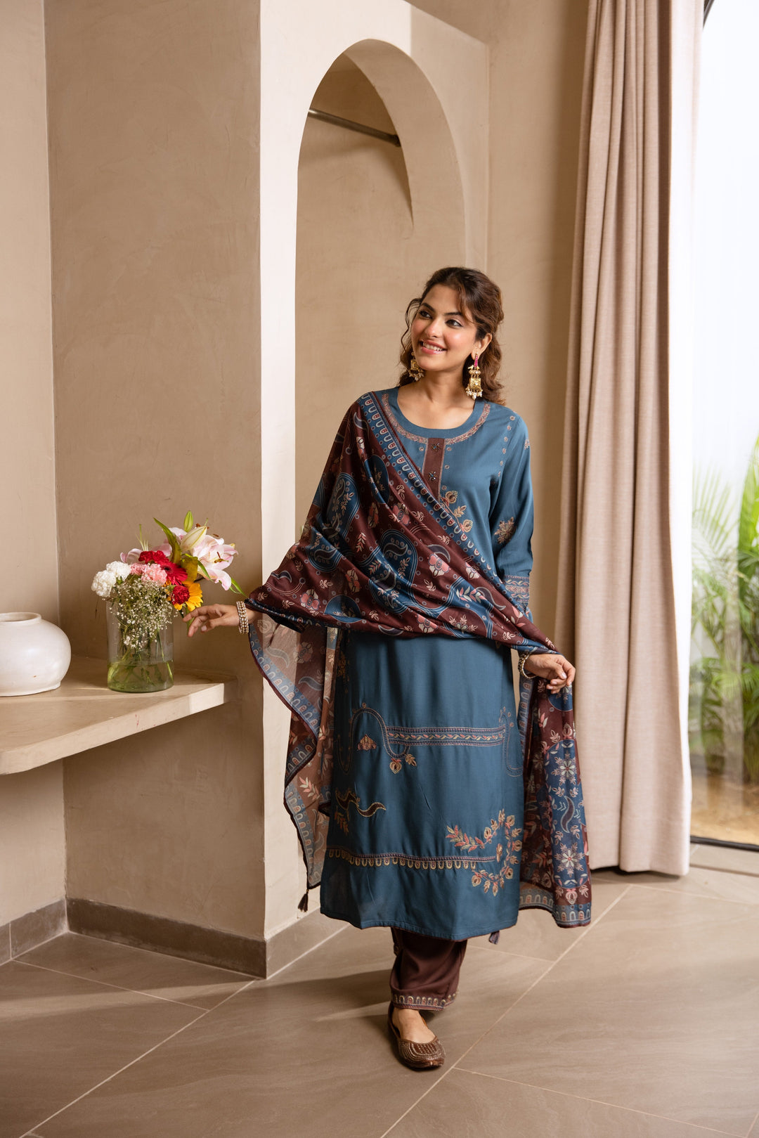 Nehamta Women's Grey German Rayon Kurta, Palazzo & Dupatta Set