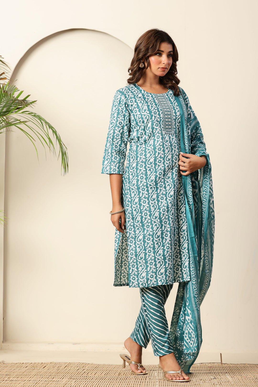 Nehamta Women's Teal Blue Cotton rayon Kurta, Pant & Dupatta Set