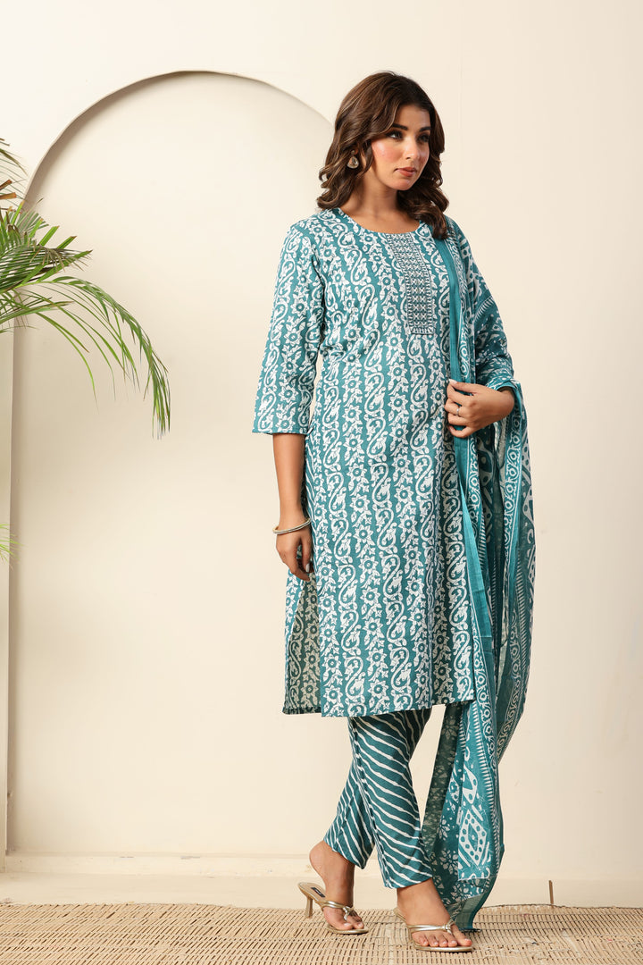 Nehamta Women's Teal Blue Cotton rayon Kurta, Pant & Dupatta Set