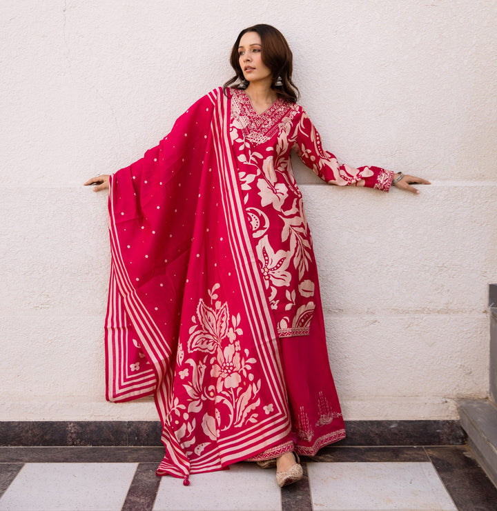 Nehamta Women's Rani Pink Modal Muslin Kurta, Palazzo & Dupatta Set