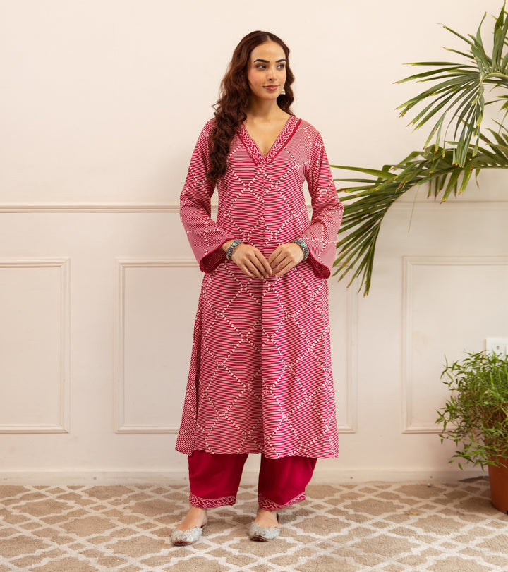 Nehamta Women's Rani Pink German Rayon Kurta With Palazzo Set