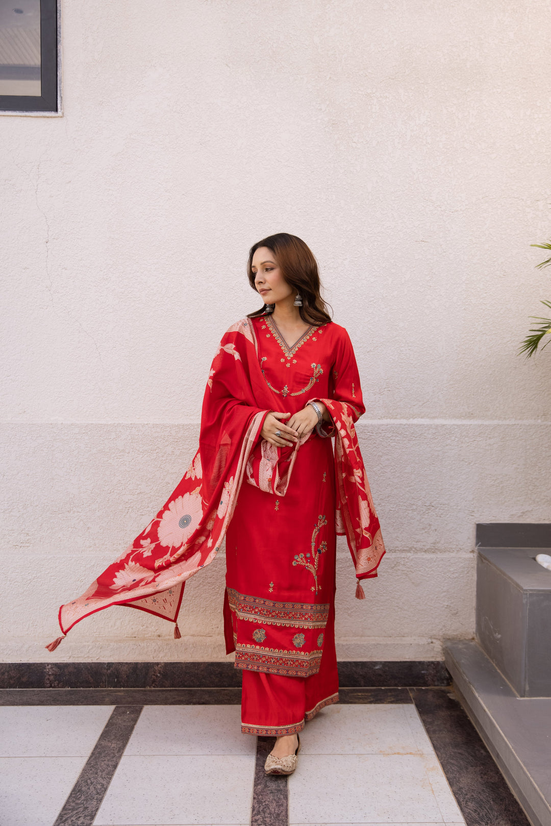 Nehamta Women's Red Modal Muslin Kurta, Palazzo & Dupatta Set