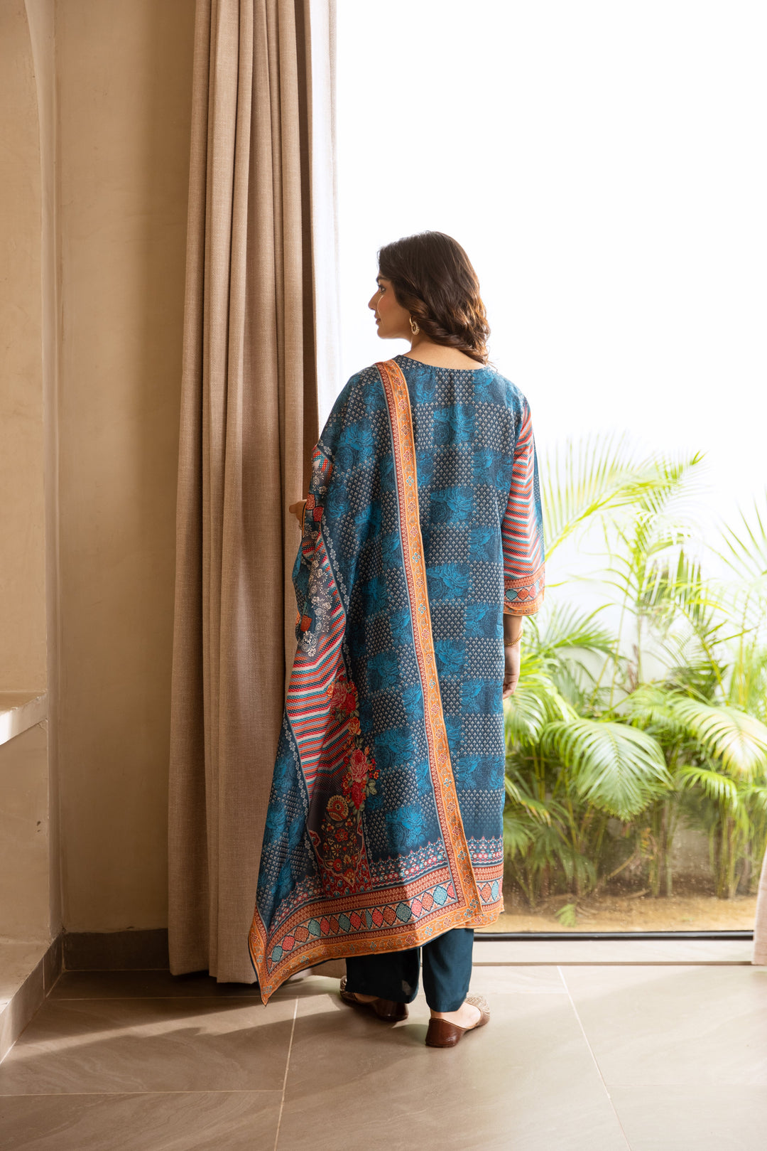 Nehamta Women's Teal Blue Viscose Muslin Kurta, Palazzo & Dupatta Set