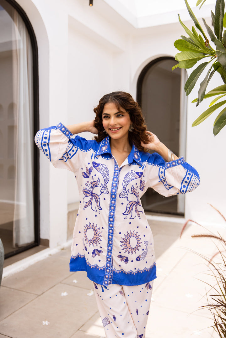 Nehamta Women's White:Blue Polyester Short Kurta With Pant Co-Ords Set