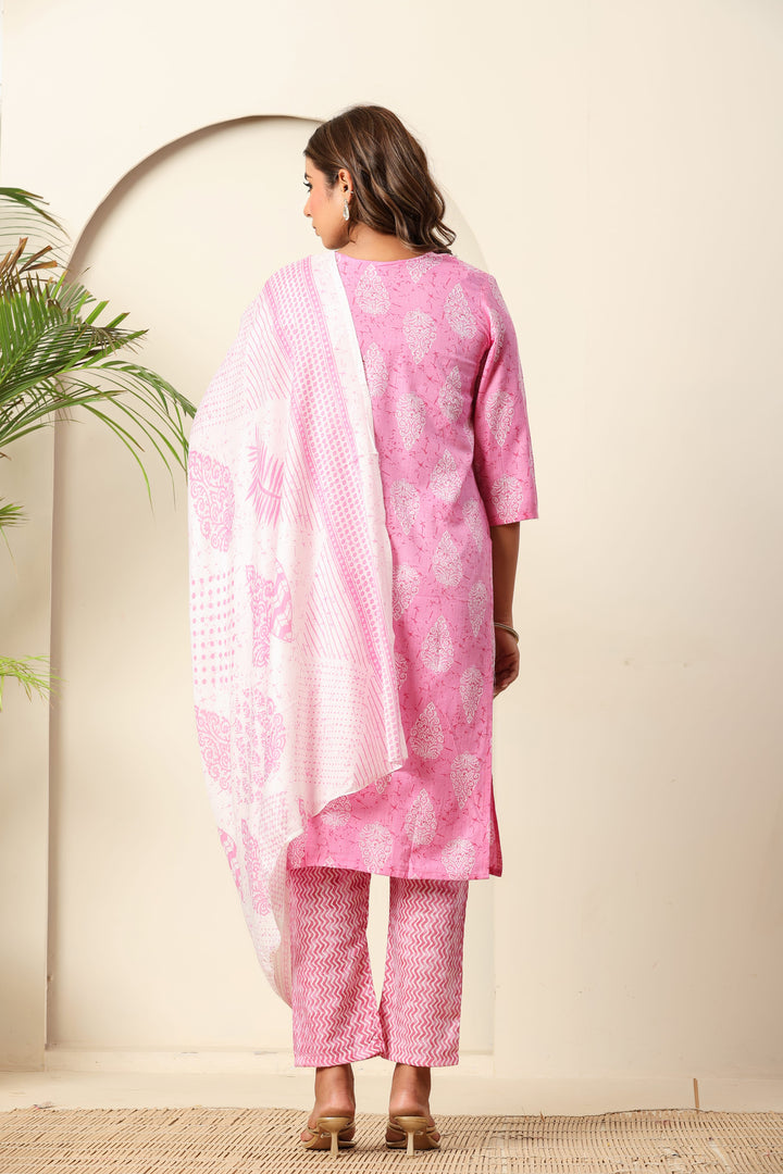 Nehamta Women's Pink Cotton rayon Kurta, Pant & Dupatta Set
