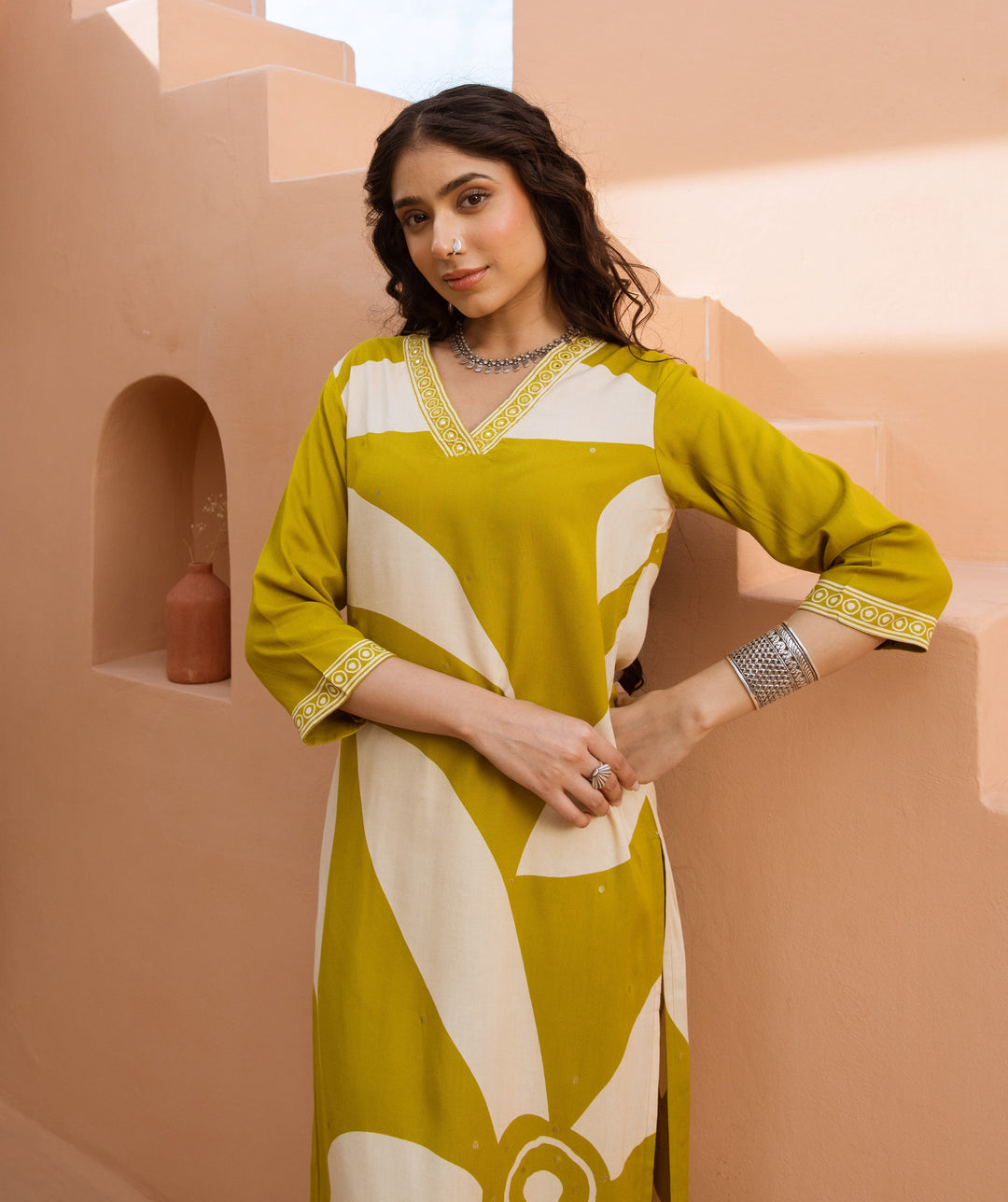 Nehamta Women's Yellow Green German Rayon Kurta & Palazzo Set