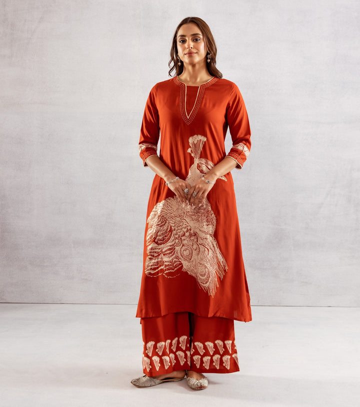 Nehamta Women's Rust German Rayon Kurta & Palazzo Set