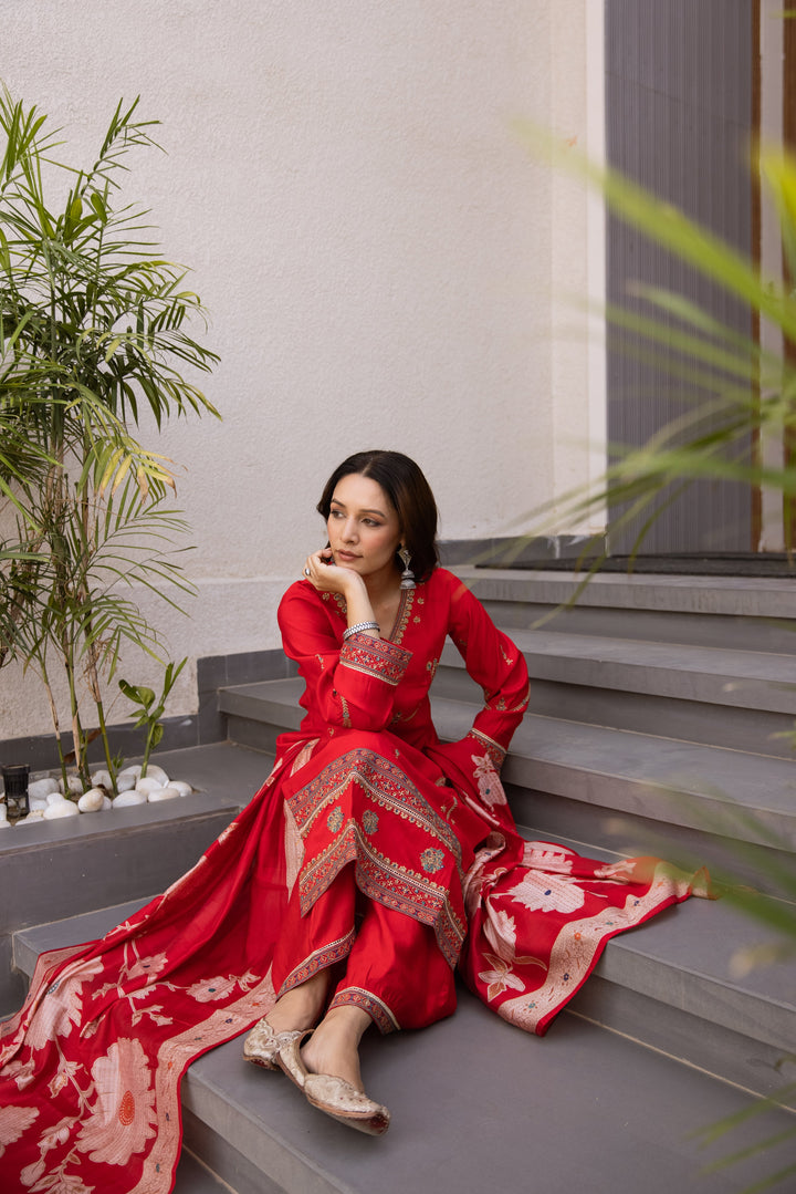 Nehamta Women's Red Modal Muslin Kurta, Palazzo & Dupatta Set