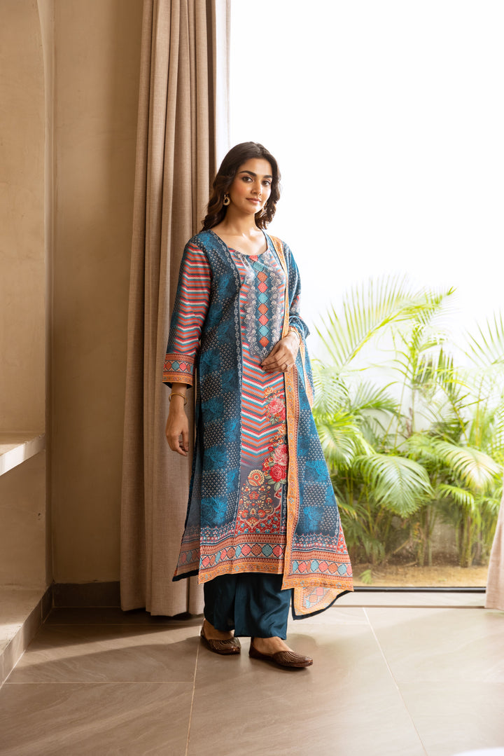 Nehamta Women's Teal Blue Viscose Muslin Kurta, Palazzo & Dupatta Set