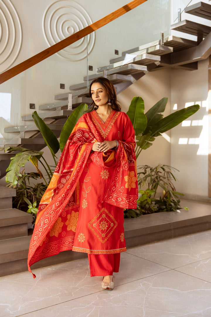 Nehamta Women's Red Modal Muslin Kurta With Palazzo Set