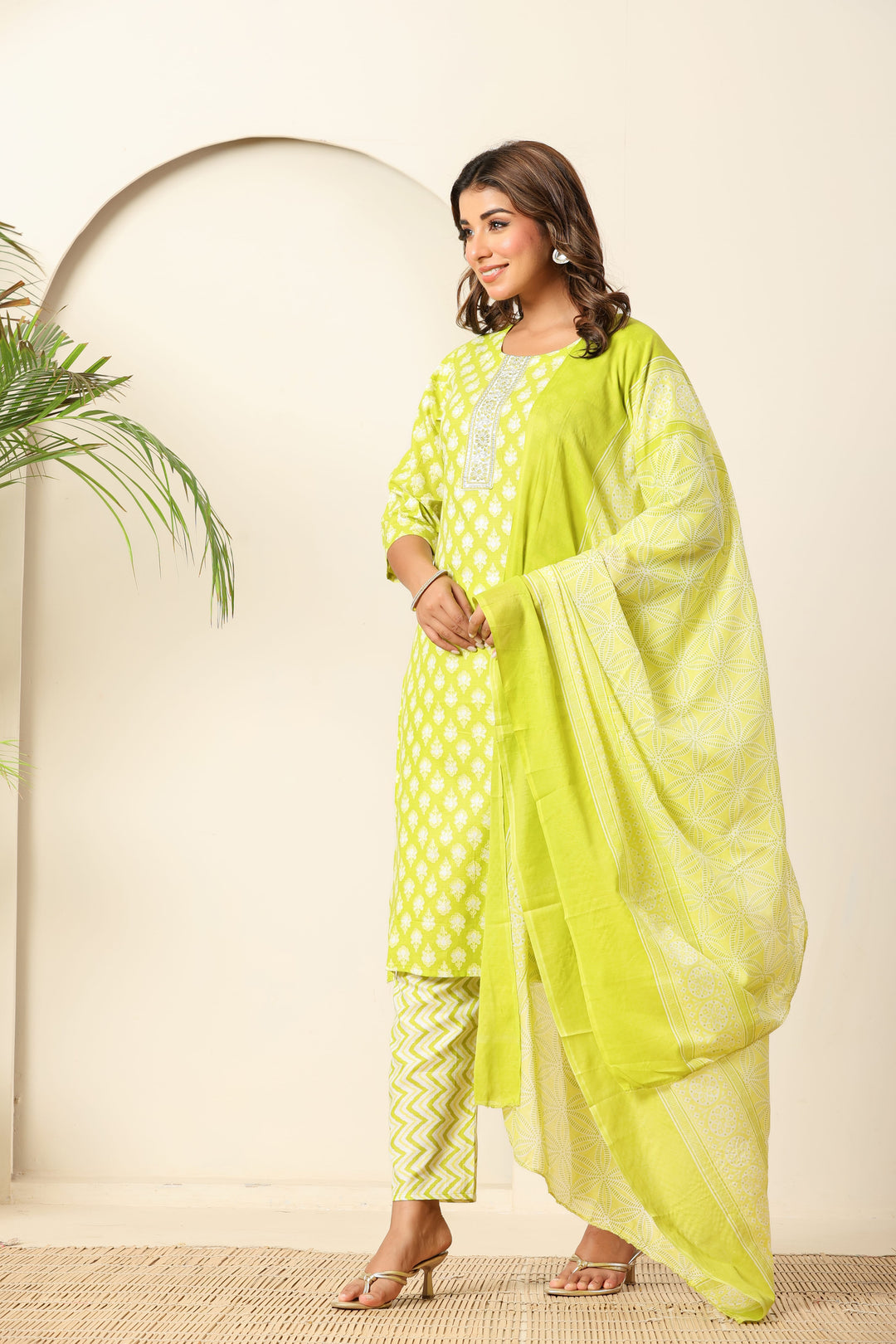 Nehamta Women's Lime Green Cotton rayon Kurta, Pant & Dupatta Set