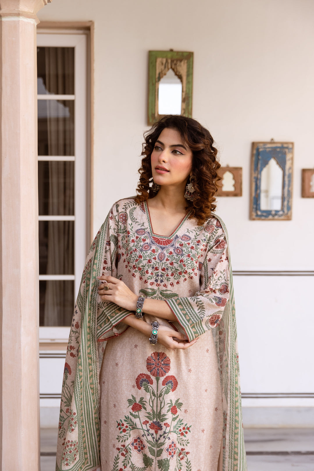 Nehamta Women's Beige Cotton Blend Kurta with Palazzo & Dupatta