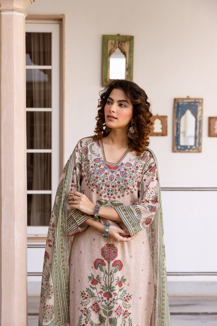 Nehamta Women's Beige Cotton Blend Kurta with Palazzo & Dupatta