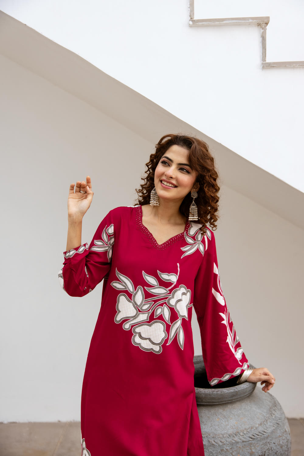 Nehamta Women's Red German Rayon Kurta & Palazzo Set