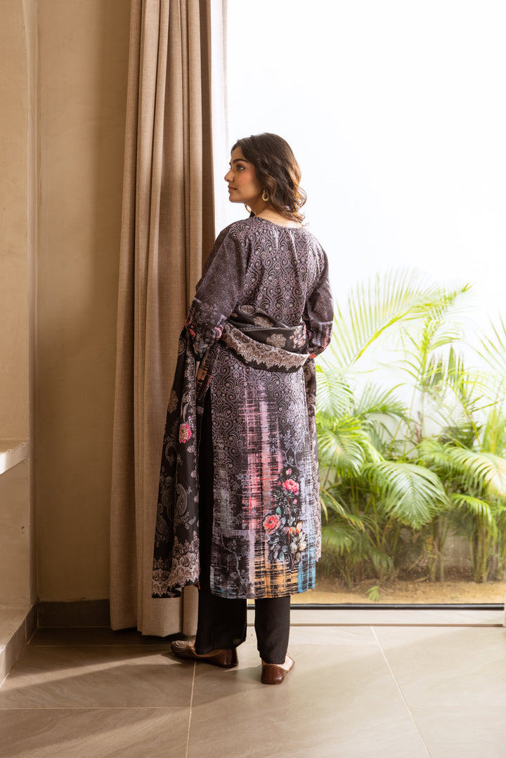 Nehamta Women's Black Viscose Muslin Kurta, Pant & Dupatta Set