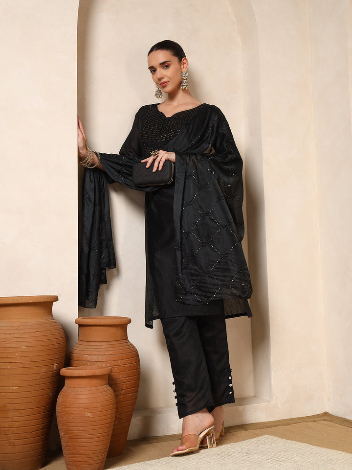 Nehamta Women's Black Muslin Kurta, Pant & Dupatta Set