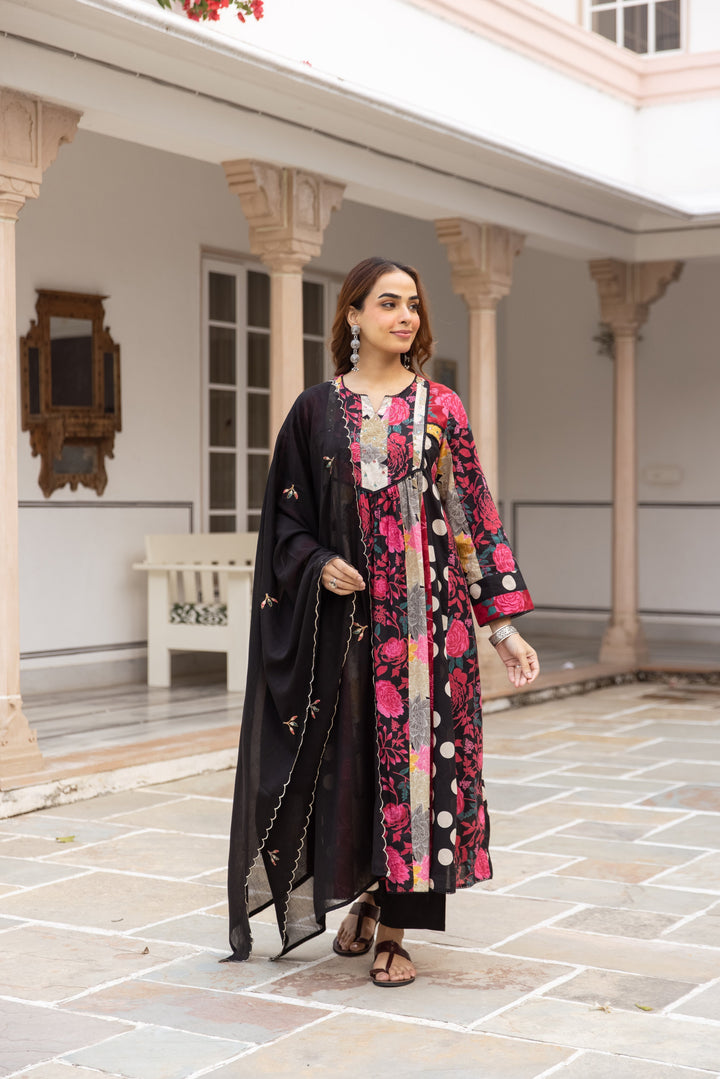 Nehamta Women's Black Cotton Kurta with Pant & Dupatta