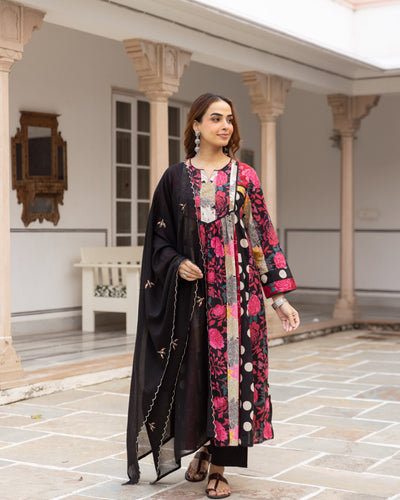 Nehamta Women's Black Cotton Kurta with Pant & Dupatta