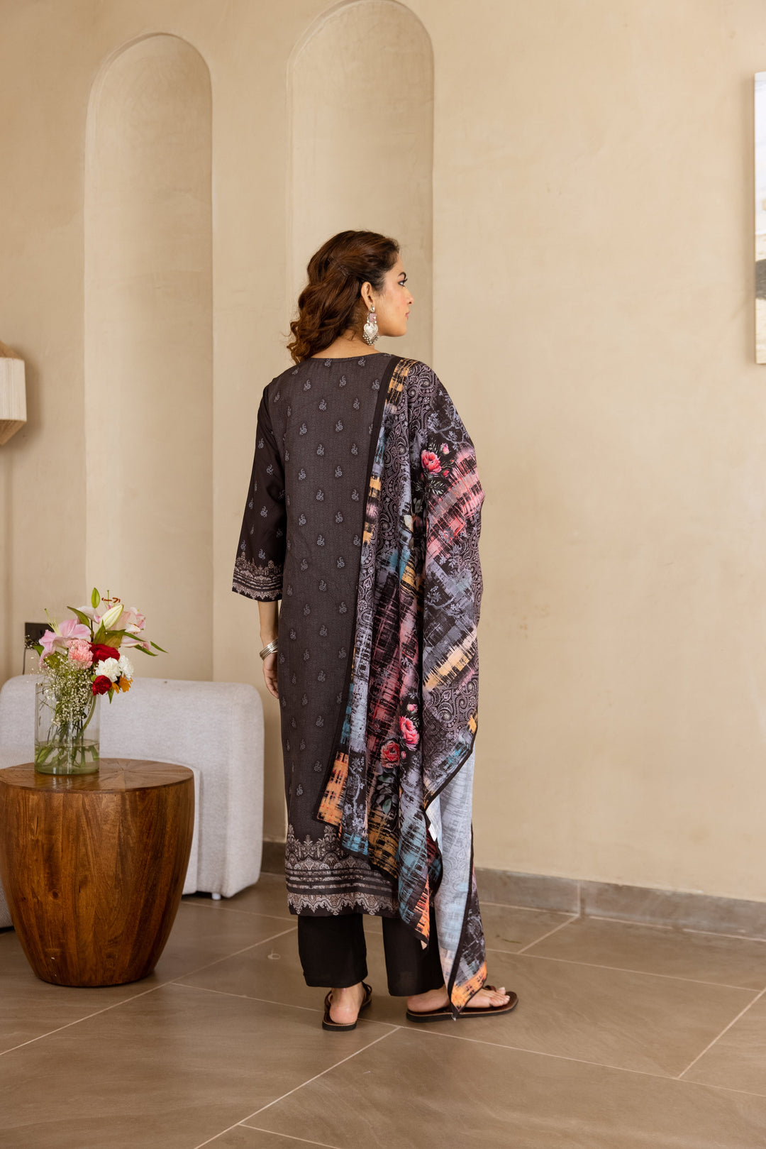 Nehamta Women's Black Viscose Muslin Kurta, Pant & Dupatta Set