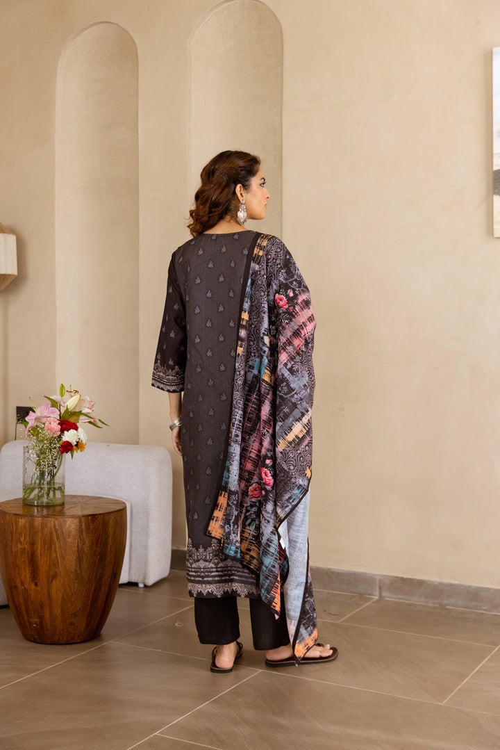 Nehamta Women's Black Viscose Muslin Kurta, Pant & Dupatta Set