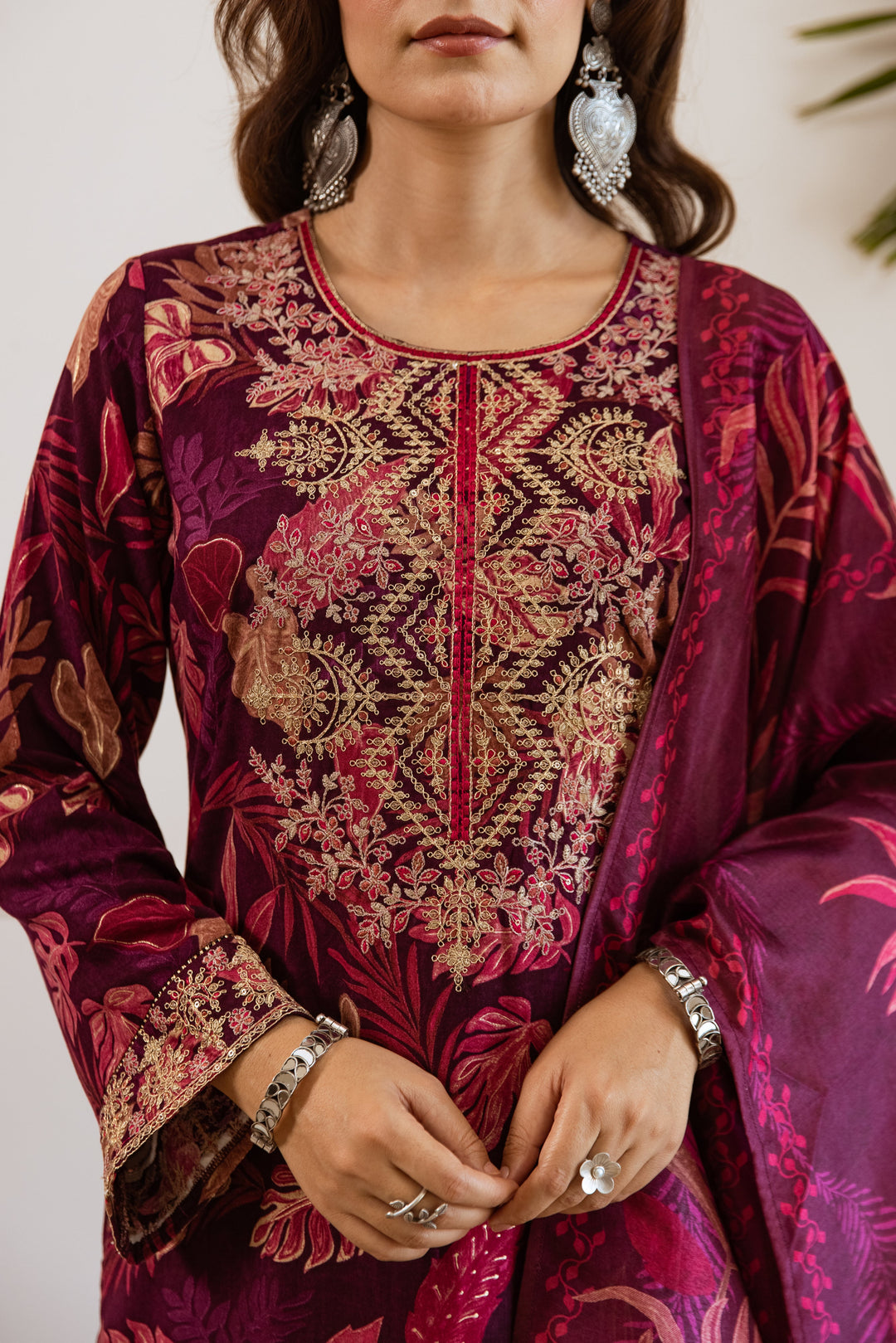 Nehamta Women's Wine German Rayon Kurta, Divider Palazzo & Dupatta Set