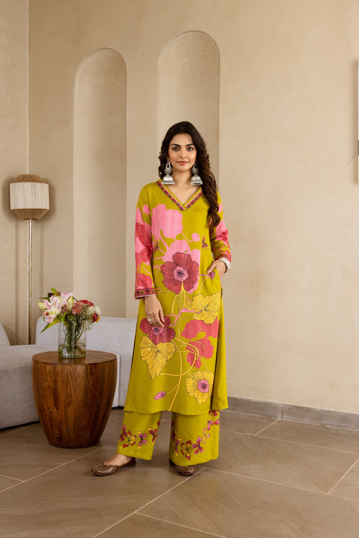 Nehamta Women's Lime Green German Rayon Kurta & Palazzo Set