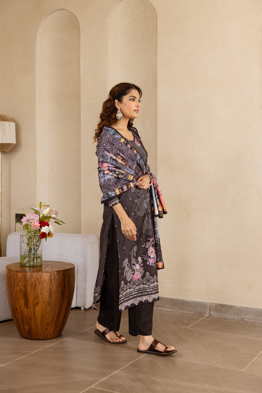 Nehamta Women's Black Viscose Muslin Kurta, Pant & Dupatta Set