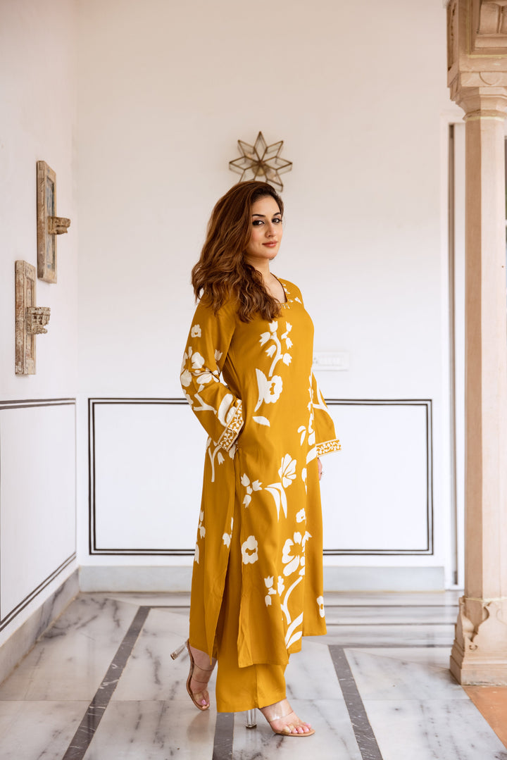 Nehamta Women's Mustard Rayon Kurta & Palazzo Set